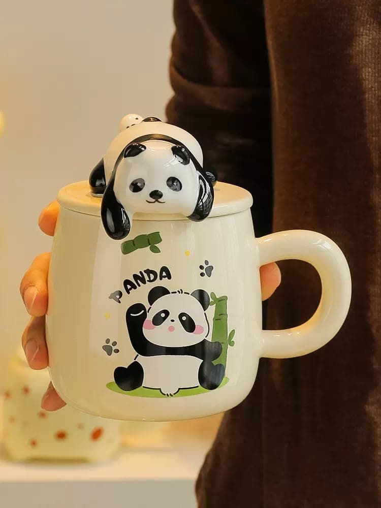 3D Panda Ceramic Mug with Lid and Straw, 420 ml